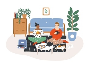 Young romantic couple sitting on floor, drinking tea and eating cookies in evening. Man and woman spending time together in their apartment. Colorful vector illustration in flat cartoon style.