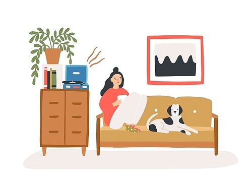 Young woman sitting on cozy sofa with her dog, drinking tea or coffee and listening to playing vinyl record in room furnished in trendy Scandi style. Flat cartoon colorful vector illustration.