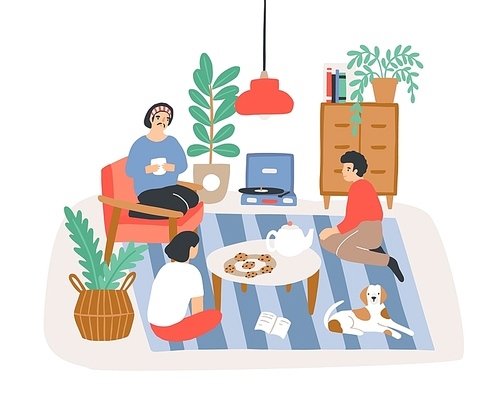 Group of people or friends sitting in comfy apartment furnished in Scandinavian hygge style and talking to each other. Friendly meeting at home. Colored vector illustration in flat cartoon style.