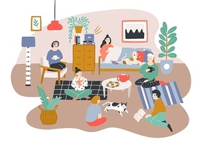 Group of men and women sitting in room furnished in Scandic style and talking to each other. Friends spending time together at home. Friendly visit. Colorful vector illustration in flat cartoon style.