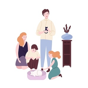 Happy family spending time together. Funny mom, dad, son and daughter taking care about cat and kitten. Cute parents and kids at home. Leisure activity. Flat cartoon colorful vector illustration