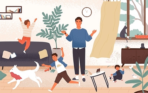 Calm dad and naughty disobedient children running around him. Father surrounded by kids tries to keep equanimity, composure and calmness. Modern fatherhood. Flat cartoon colorful vector illustration