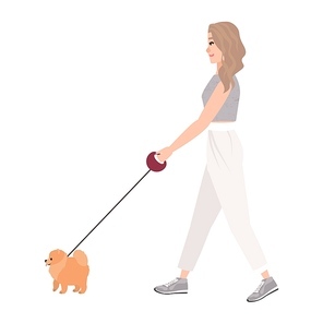 Smiling young woman dressed in casual clothing walking dog on leash. Pretty girl performing outdoor activity with her pet or domestic animal. Colorful vector illustration in flat cartoon style