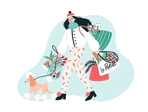 Smiling young woman dressed in trendy outerwear walking her poodle dog on leash and carrying bags with purchased products. Stylish pet owner. Colorful vector illustration in flat cartoon style.