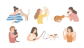 Bundle of pretty young girls and their cats isolated on white . Set of portraits of adorable pet owners and cute domestic animals. Colorful vector illustration in flat cartoon style.