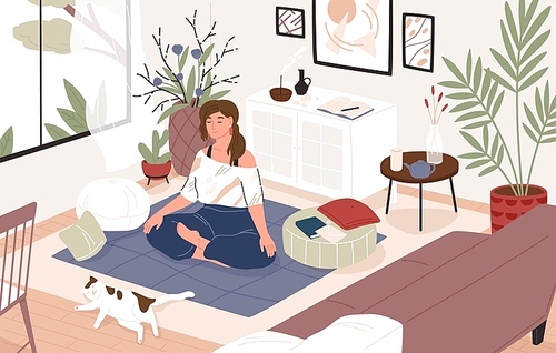 Smiling girl sitting cross-legged in her room or apartment, practicing yoga and enjoying meditation. Young woman with crossed legs and closed eyes meditating at home. Flat cartoon vector illustration