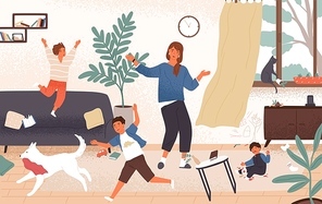 Confused mom and adorable naughty mischievous children jumping around her. Distressed and unhappy mother surrounded by playing kids. Modern parenting. Flat cartoon colorful vector illustration