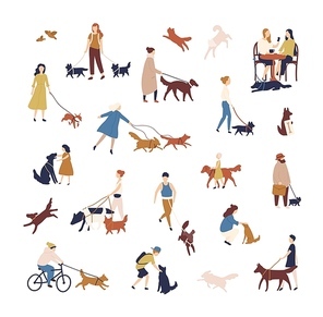 Crowd of tiny people walking their dogs on street. Group of men and women with pets or domestic animals performing outdoor activities isolated on white background. Vector illustration in flat style