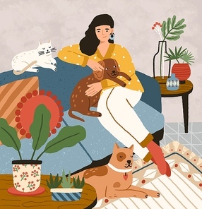 Cute smiling young girl sitting on comfy sofa with dogs and cat. Adorable woman spending time at home with her domestic animals. Portrait of happy pet owner. Flat cartoon vector illustration
