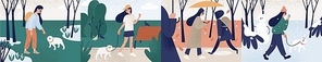 Bundle of girl walking alone or with her dog during different seasons. Set of young woman performing outdoor activities at spring, summer, autumn, winter. Colorful vector illustration in flat style