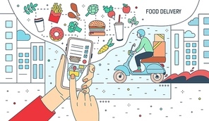 Modern banner with hands holding smartphone with food delivery service application or website on screen, meals, products and courier boy riding scooter. Colorful vector illustration in line art style.