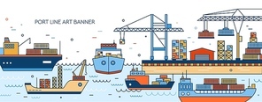 Banner template with seaport, marine terminal, freight vessels, cargo ships containerships, sea watercrafts, port cranes and warehouse. Maritime transportation. Vector illustration in line art style