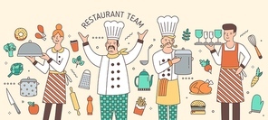 Colorful horizontal banner with chief, cook, waiter and waitress surrounded by food products and kitchen utensils. Restaurant team, personnel or staff. Modern vector illustration in line art style.