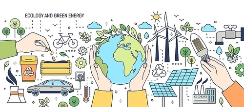 Banner with hands holding globe, light bulb and seeds surrounded by wind and solar power stations, electric car, green plants. Ecology, renewable energy, electricity generation. Vector illustration