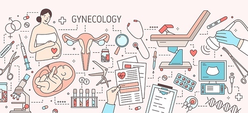 Creative horizontal banner with pregnant woman, baby in womb, uterus, gynecological examination chair and tools. Female health and medical care. Colored vector illustration in line art style