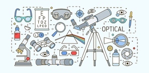 Modern horizontal web banner template with optical, eyesight correction devices, ophtalmic and visual acuity tools on light background. Colorful vector illustration in trendy line art style
