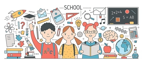 Back to school banner with cute happy children or pupil surrounded by textbooks, stationery, science, study and education symbols. Bright colored vector illustration in modern line art style.