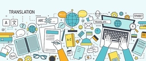Horizontal banner with hands typing on laptop keyboard and writing on paper. Work of linguist or translator, translation of foreign languages. Colorful vector illustration in modern line art style.