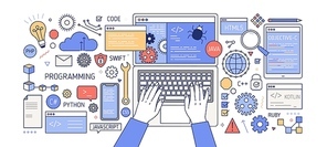 Colorful banner with hands working on computer, different electronic gadgets, devices and symbols. Programming, software development, program coding. Creative vector illustration in linear style.