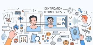 Colorful banner with face recognition technology tools, application for fingerprint and retina scanning, secure verification and identification of person. Vector illustration in modern linear style.