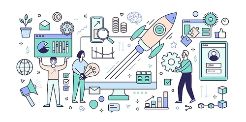 Creative banner template with computer, diagrams, charts, flying rocket or spacecraft, men and women working together under startup project release. Colored vector illustration in line art style