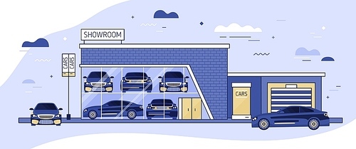 Facade of auto showroom or vehicle local distribution and automobiles parked beside it. Modern building of car dealership with window. Automotive retail. Colorful vector illustration in flat style.