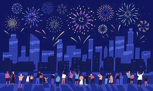 Crowd of people watching fireworks displaying in dark evening sky and celebrating holiday against city buildings. Festival celebration, pyrotechnics show. Flat cartoon colorful vector illustration