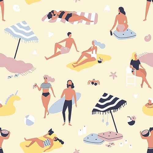 Seamless pattern with people relaxing on sand beach and sunbathing. Backdrop with men and women on vacation at seashore or summer resort. Flat vector illustration for wrapping paper, wallpaper