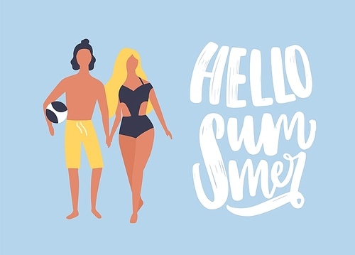 Postcard template with man and woman dressed in beachwear holding hands and walking together and Hello Summer phrase handwritten with cursive calligraphic font. Seasonal flat vector illustration