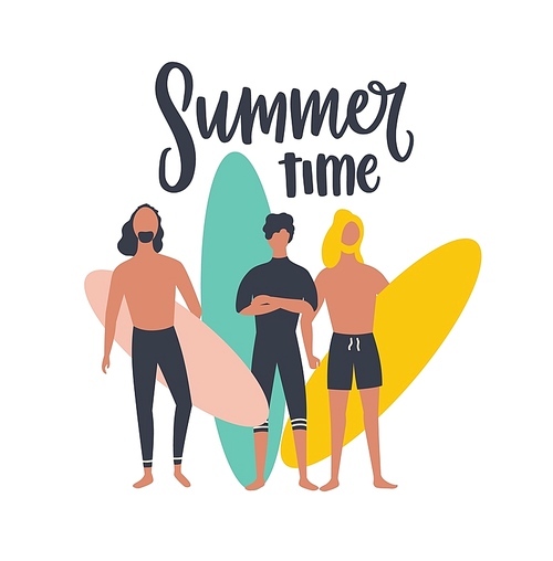 Seasonal postcard template with group of male surfers carrying surfboards and Summer time text handwritten with cursive calligraphic font. People on sea or ocean beach. Flat vector illustration
