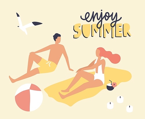Postcard template with couple dressed in swimwear sitting on beach and sunbathing and Enjoy Summer slogan handwritten with cursive calligraphic font. Relax at seaside resort. Flat vector illustration
