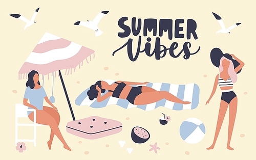 Seasonal card template with women dressed in swimwear sunbathing on beach and Summer Vibes phrase handwritten with cursive calligraphic font. Vacation at seaside resort. Flat vector illustration