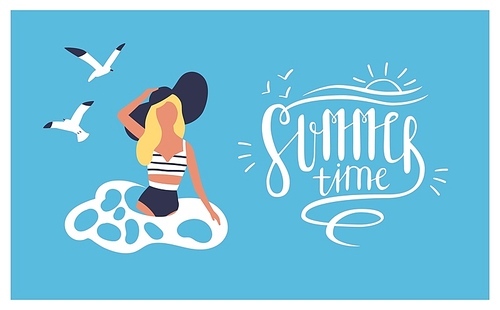Postcard template with woman wearing swimsuit swimming in sea or ocean and Summer time lettering handwritten with cursive calligraphic font. Colorful seasonal vector illustration in flat style