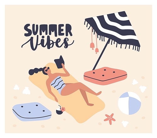 Postcard template with woman lying on beach, reading book and sunbathing and Summer Vibes phrase handwritten with cursive calligraphic font. Girl relaxing at seaside resort. Flat vector illustration