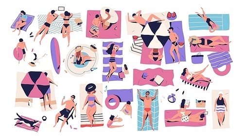 People lying on towels or blankets on beach or seashore and sunbathing, reading books, talking. Men, women and children relaxing at summer resort. Recreational activities. Flat vector illustration