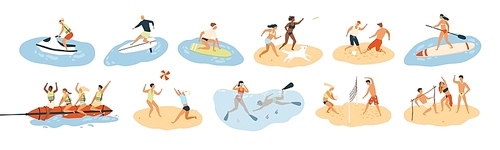 Set of people performing summer sports and leisure outdoor activities at beach, in sea or ocean - playing games, diving, surfing, riding water scooter. Colorful flat cartoon vector illustration