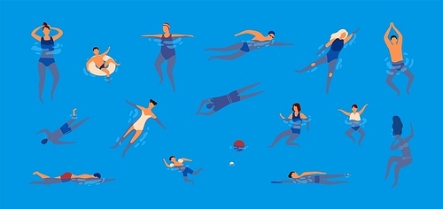 Collection of people dressed in swimwear in swimming pool. Bundle of men and women in swimsuits performing water activities. Set of swimmers. Colorful vector illustration in flat cartoon style