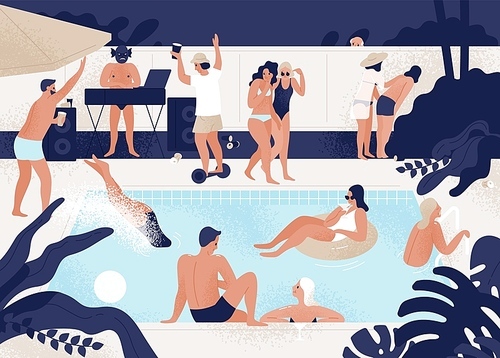 Young men and women having fun at outdoor or open-air swimming pool party. People diving, floating in rubber ring, dancing, walking, talking. Modern colorful vector illustration in flat cartoon style