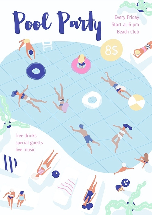 Flyer, poster, party invitation template with people dressed in swimwear swimming and diving in pool, lying on sunloungers and sunbathing. Flat vector illustration for summer outdoor event promotion