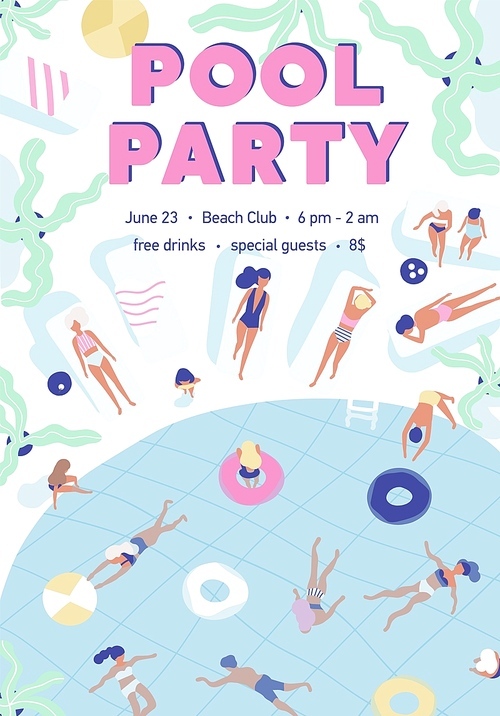 Invitation template for summer pool party with people dressed in swimsuits, swimming, and sunbathing at resort. Flat vector illustration for seasonal outdoor event announcement, advertisement