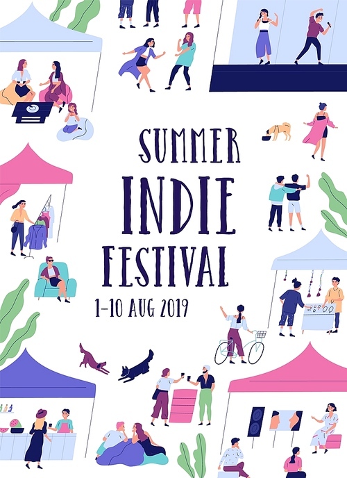 Summer outdoor indie music festival, fair or open air event flyer or poster template with cute tiny people and place for text. Modern flat cartoon vector illustration for promotion, advertisement
