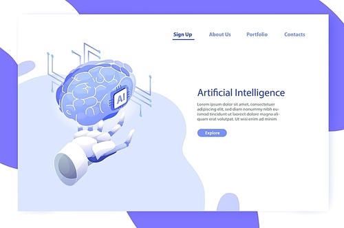 Web banner template with robotic hand holding brain and place for text. Artificial intelligence, smart robot, science and innovative technology, hi tech innovation. Modern vector illustration