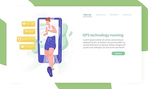 Website template with jogging athlete or sportsman and smartphone. GPS running tracking technology. Mobile application for sports activity, fitness training or exercise. Flat vector illustration