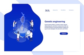 Website template with group of scientists or researchers analyzing DNA molecule. Genetic engineering, biotechnology and genome modification. Modern isometric vector illustration for advertisement