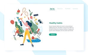 Landing page template with people performing sports activities and wholesome food. Healthy habits, active lifestyle, fitness, dietary nutrition. Modern flat vector illustration for advertisement