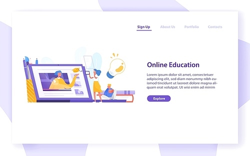 Landing page template with tiny girl standing in front of giant laptop computer and looking at screen. Distance learning, internet studying, online education. Modern isometric vector illustration