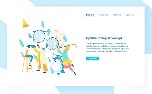 Website template with ophthalmologist examining eyes of female patient. Visual acuity check, ophthalmology service, medical diagnostics. Modern flat vector illustration for internet advertisement