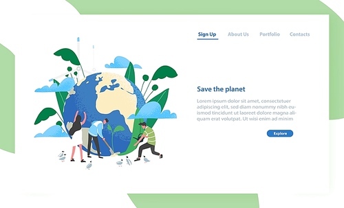 Landing page template with group of people of ecologists taking care of Earth and nature. Save The Planet. Environmental protection, use of eco friendly technology. Flat colorful vector illustration