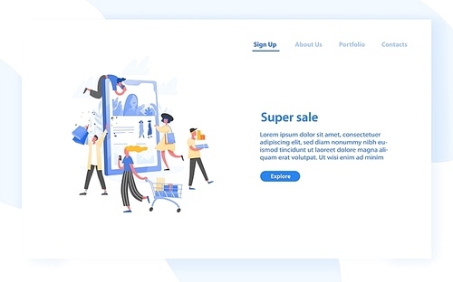 Web banner template with group of crazy customers, buyers or shopaholics carrying shopping carts, bags and boxes and giant tablet PC. Online store super sale. Flat vector illustration for website