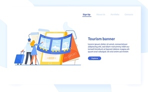 Landing page template with couple standing in front of giant smartphone and choosing trip or journey destination for their vacation. Travel agency or touristic service. Flat vector illustration